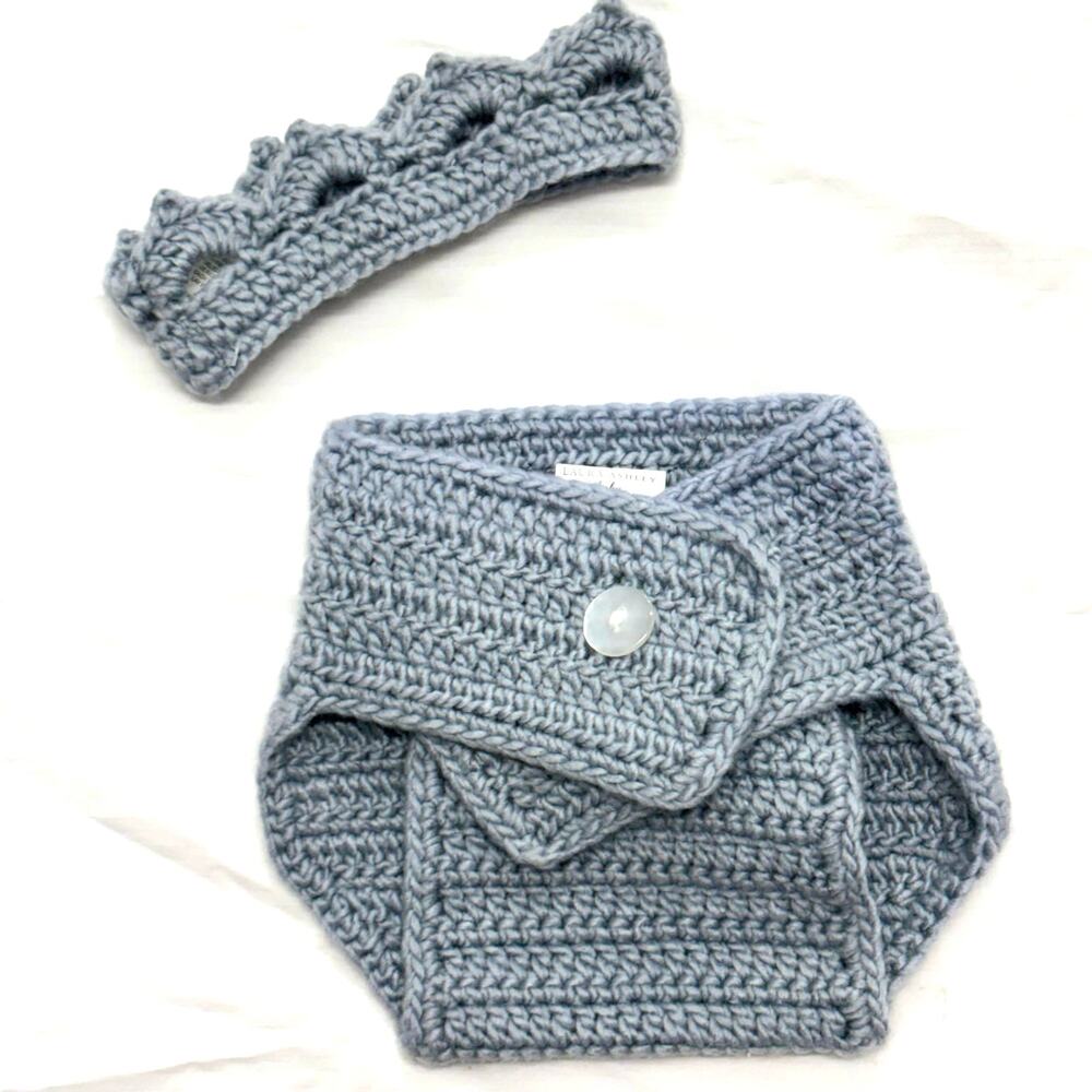 Laura Ashley Baby Crochet Diaper Cover Crown Headband Gray 0-6M Photo Prop Set